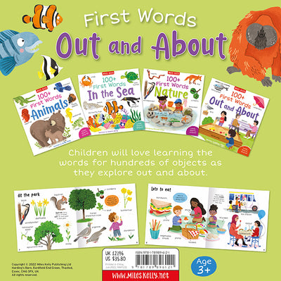 The image shows the backing sheet for First Words Out and About – a set of four First Word+ books. The titles include Animals, In the Sea, Nature, Out and About. We see some illustrations from the books – colourful fish and an orangutan. There are also small images of each book's front cover and two inside spreads: At the park and Lots to eat. The back cover copy reads: Children will love learning the words for hundreds of objects as they explore out and about.