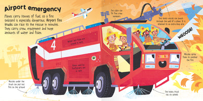 Image of a double-page spread from Miles Kelly's Mighty Machines: Rescue book showing an illustration of what happens during an airport emergency