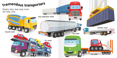 Image shows a double-page spread from Miles Kelly's Mighty Machines: Trucks book, showing illustrations of different types of trucks including a Container truck, concrete mixer and low loader.