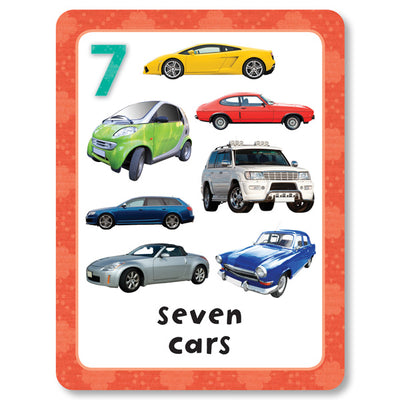 An image of a number flashcard from Miles Kelly's Get Set Go Flashcards Set. The card shows images of cars alongside the description "seven cars" and number "7", to help children learn numbers.