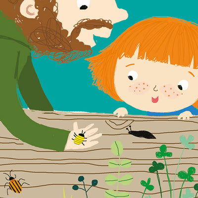 Illustration of man and girl looking at beetle on log – British Wildlife books for kids – Miles Kelly