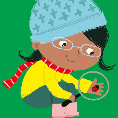 Girl looking at ladybird through magnifying glass illustration – bugs & insects books for kids – Miles Kelly