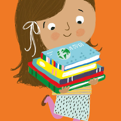 Girl holding books illustration – fact books & encyclopedias for kids – Miles Kelly