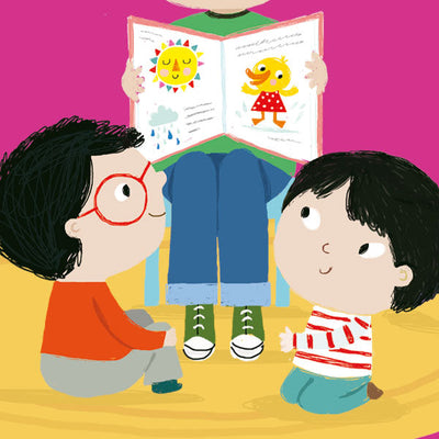 Illustration of two children being shown a book – early learning books for kids – Miles Kelly