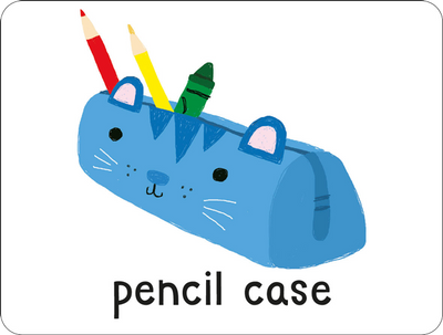Lots to Spot Flashcards At School! flashcard example showing a pencil case, illustrated by Ailie Busby and published by Miles Kelly