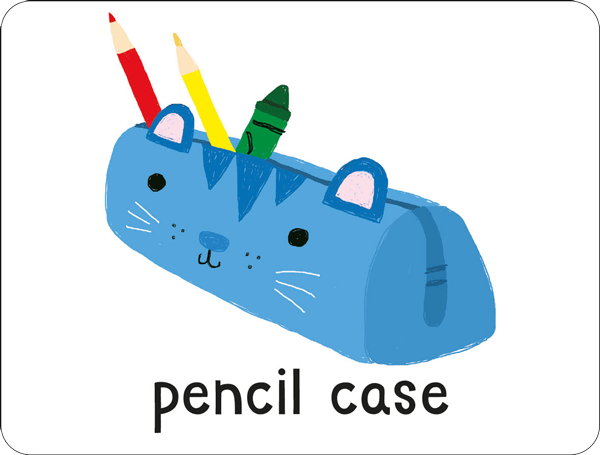 Lots to Spot Flashcards At School! flashcard example showing a pencil case, illustrated by Ailie Busby and published by Miles Kelly