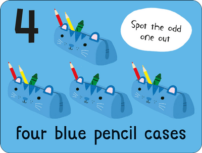 Lots to Spot Flashcards At School! flashcard example showing four blue pencil cases and a spotting activity, illustrated by Ailie Busby and published by Miles Kelly
