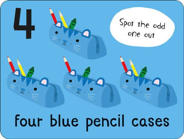 Lots to Spot Flashcards At School! flashcard example showing four blue pencil cases and a spotting activity, illustrated by Ailie Busby and published by Miles Kelly