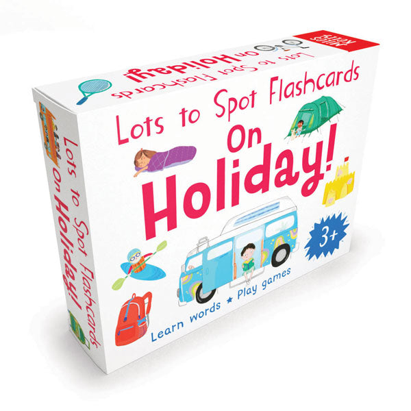 Lots to Spot Flashcards On Holiday! box showing a camper van and other illustrations for children, by Miles Kelly