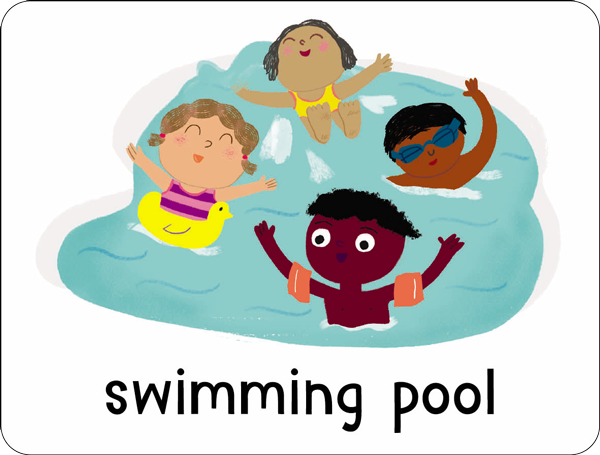 Lots to Spot Flashcards On Holiday example card showing a swimming pool with happy children playing, by Miles Kelly Children&