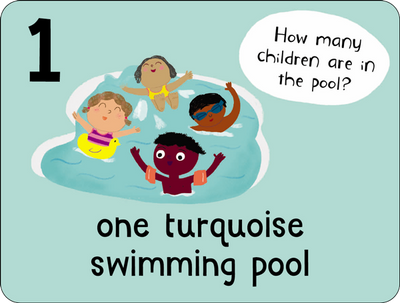 Example flashcard from Lots to Spot Flashcards On Holiday, showing one turquoise swimming pool with children playing, by Miles Kelly Publishing 
