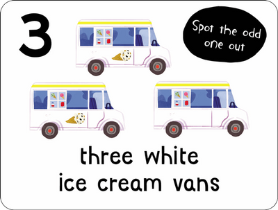Lots to Spot Flashcards Out and About example card showing ice cream vans, by Miles Kelly