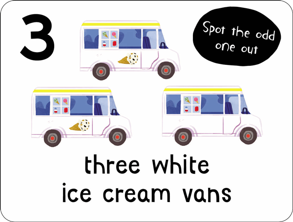 Lots to Spot Flashcards Out and About example card showing ice cream vans, by Miles Kelly