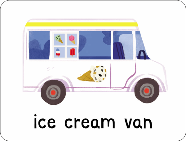 Example card from Lots to Spot Flashcards Out and About showing a lovely ice cream van illustration, by Miles Kelly