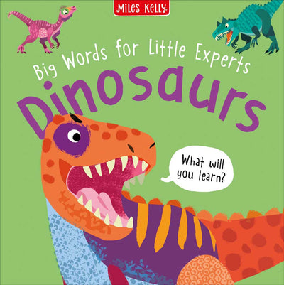 Big Words for Little Experts Dinosaurs cover by Miles Kelly Children's Books. The green cover shows illustrations of a T Rex, Allosaurus and a Velociraptor.