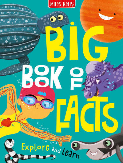 Big Book of Facts cover by Miles Kelly. Illustrations show a turtle, planet, child swimming, dinosaur, snake and hammerhead shark.