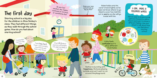 Example page from First Things I Can Do Going to School is called The First Day. It shows an illustrated scene of children on their way to school. on bikes, scooters, with parents, with childminders.