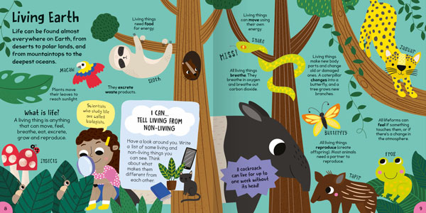 First Science Book example-age by Miles Kelly. The illustrated scene is about Living Earth and shows a forest with plants and animals.