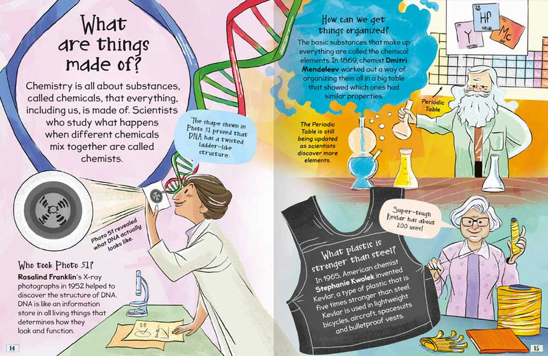 Curious Q&A Super Scientists sample pages by Miles Kelly. The page explores what things are made of.