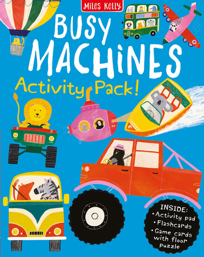 Busy Machines Activity Pack cover showing lovely illustrations of a monster truck, camper van, speedboat and more - Miles Kelly