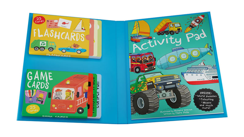 Busy Machines Activity Pack folder showing the Flasgcards, Game Cards and Activity Pad - Miles Kelly