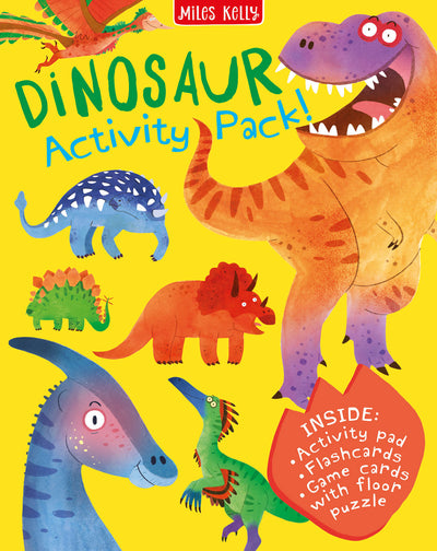 Dinosaur Activity Pack cover showing lovely illustrations of dinosaurs including Triceratops, T Rex and Ankylosaurus - Miles Kelly
