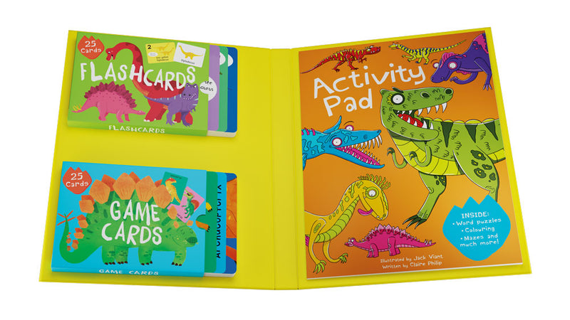 Dinosaur Activity Pack folder showing the Flashcards, Game Cards and Activity Pad - Miles Kelly