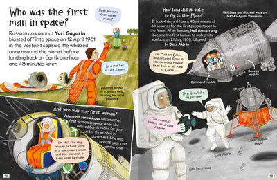 Curious Questions & Answers about Epic Explorers sample page by Miles Kelly. The page covers explorations in space.