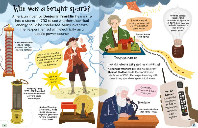 Curious Q&A about Clever Inventirs sample page by Miles Kelly. Pages are about inventors such as Benjamin Franklin and Alexander Graham Bell.