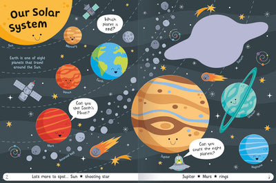 Lots to Spot Space sticker book inside page by Miles Kelly shows Our Solar System. There are illustrations of all of the planets, except Saturn which will be a sticker. Children are prompted to spot different things such as shooting stars