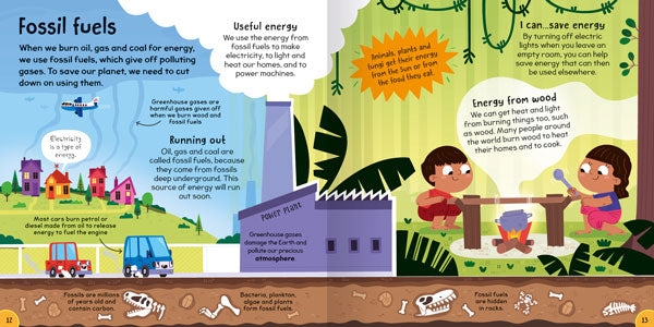 First Things I Can Do Saving Our Planet example pages about Fossil Fuels. It shows illustrations of how fossil fuels and generated and used.