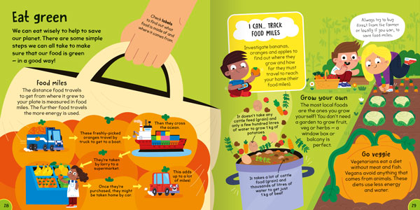 First Things I Can Do Saving Our Planet book by Miles Kelly. Sample page shows illustrations for how we can all eat green. By reducing food miles, growing our own food and eating more vegetables.