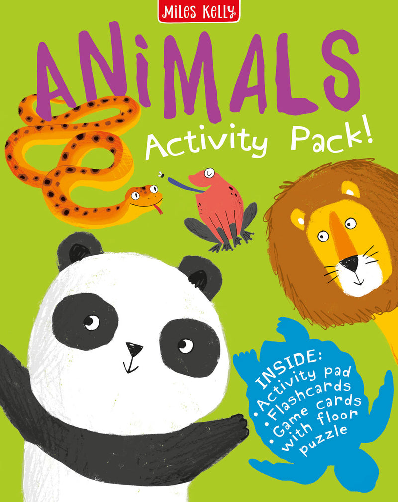 Animals Activity Pack cover showing illustrations of a panda, lion, snake and frog - Miles Kelly