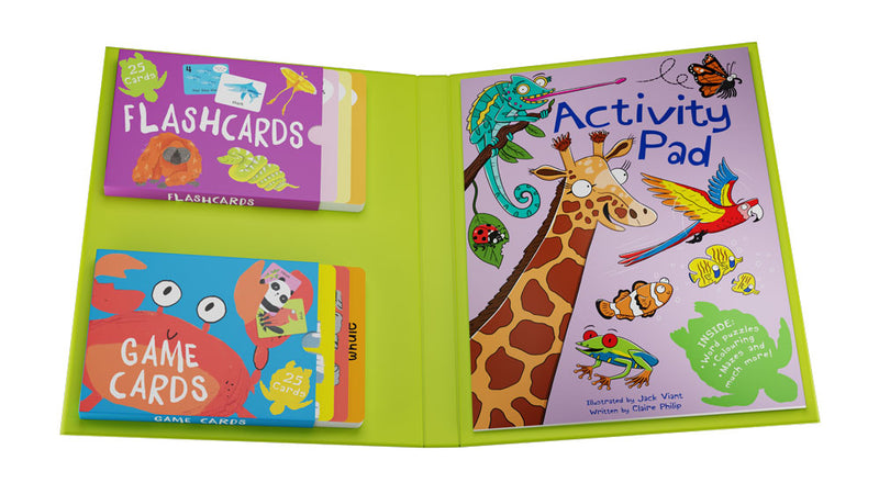 Open folder of the Animals Activity Pack. Contains activity pad, flashcards and game cards - Miles Kelly