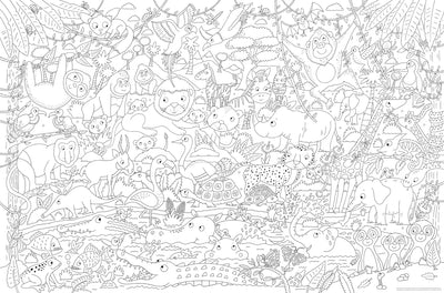 World's Biggest Colour-in Animals Poster Pack inside page by Miles Kelly. Shows line drawings of lots of animals ready to be coloured.