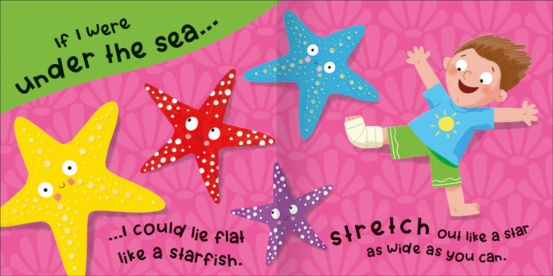 If I were under the Sea sample page by Miles Kelly. The illustration shows a child stretching out like a starfish.