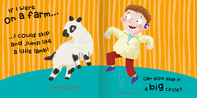 If I were on a Farm sample page by Miles Kelly. The illustration shows a child skipping like a lamb.