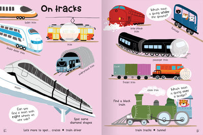 Example page from On the Go Sticker Book by Miles Kelly. It shows illustrations of different types of trains such as an underground train and a freight train.