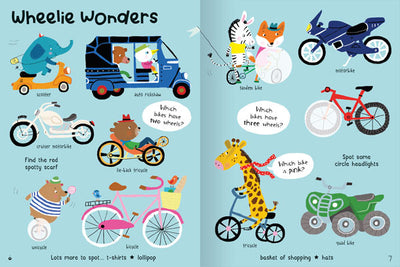 Example page from On the Go Sticker Book by Miles Kelly. It shows illustrations wheeled vehicles, including a tandem bike, motorbike and unicycle.
