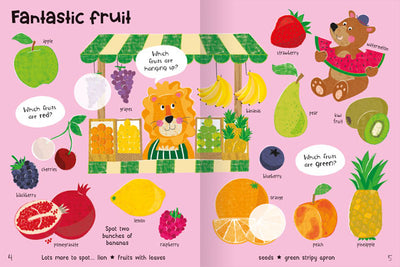 Food Sticker Book by kids' book publisher Miles Kelly. This example page shows a fruit stall and all the wonderful fruits you can try, including bananas, strawberries and pineapple.
