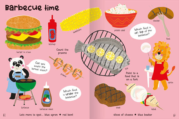 Food Sticker Book by Miles Kelly. This example page shows illustrations of foods children might try at a barbecue, such as a burger, potato salad or a kebab.