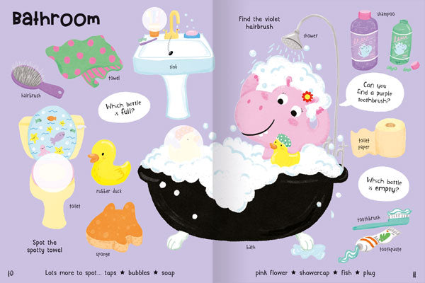 Home Sticker Book by Miles Kelly. This example page shows illustrations of things found in a bathroom such as a hairbrush, shampoo and sponge.