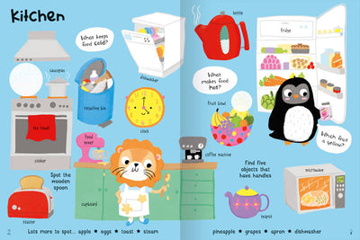 Home Sticker Book example page by Miles Kelly. It shows things found in a kitchen, such as a dishwasher, teapot and toaster.