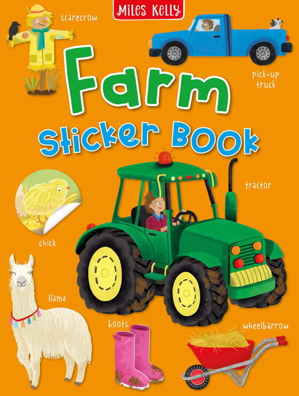 Farm Sticker Book cover for kids by Miles Kelly. Orange cover shows illustrations of a tractor, llama, scarecrow and other farm things.