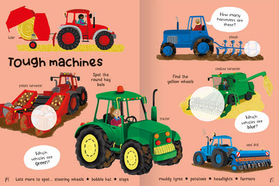 Farm Sticker Book example page by Miles Kelly. It shows illustrations of tough farm machines including a baler, plough, combine harvester and tractor.