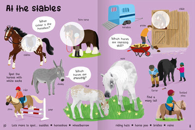 Farm Sticker Book example pages by Miles Kelly. Page shows illustrations of horses and the things needed to help care for them.