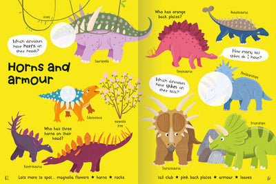 Dinosaur Sticker Book example page by Miles Kelly. It's about Horns and armour, and shows dinosaur illustrations including Ankylosaurus and Triceratops.