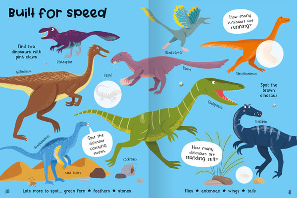 Dinosaur Sticker Book by Miles Kelly for kids. Example page is called Built for speed, and shows illustrations of Troodon, Struthiomimus and Delong.
