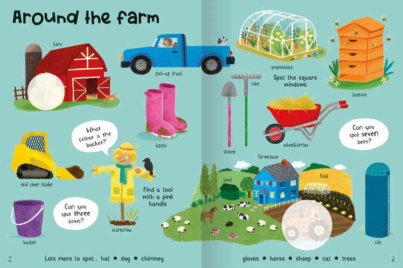 Busy World Sticker Book sample page by Miles Kelly. The page is called Around the Farm, and shows many illustrations with labels, including a barn, boots, scarecrow, wheelbarrow, farmhouse and field.