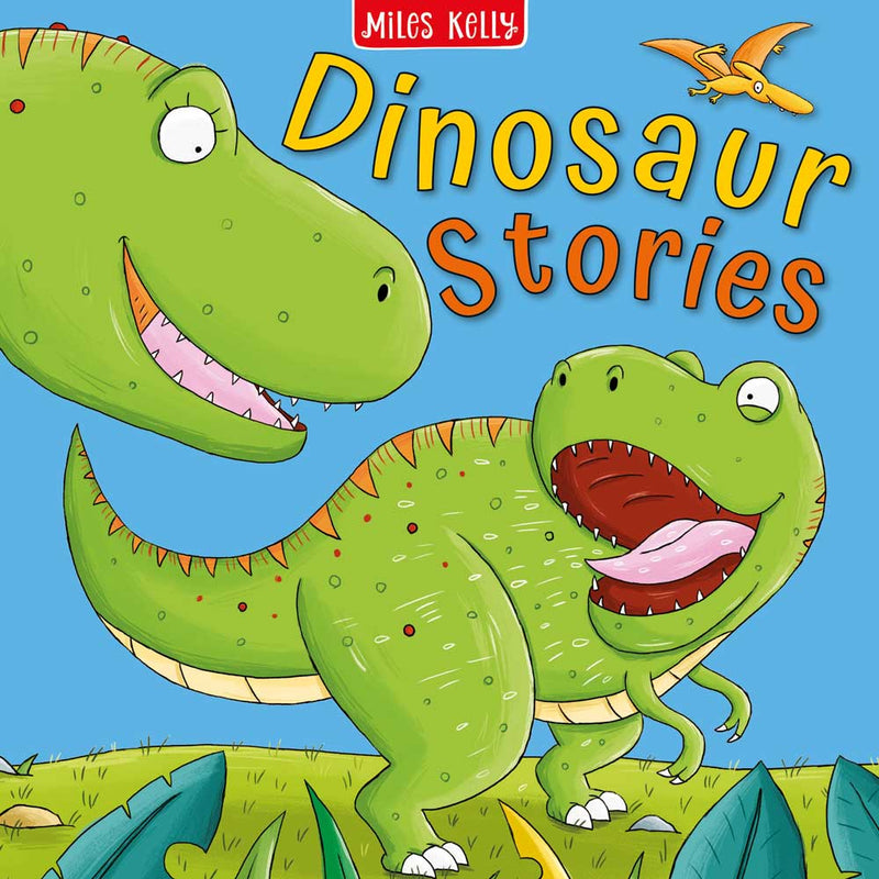 Dinosaur Stories bumper picture book by Miles Kelly. Cover background is blue and shows two T Rex dinosaurs chatting to each other.
